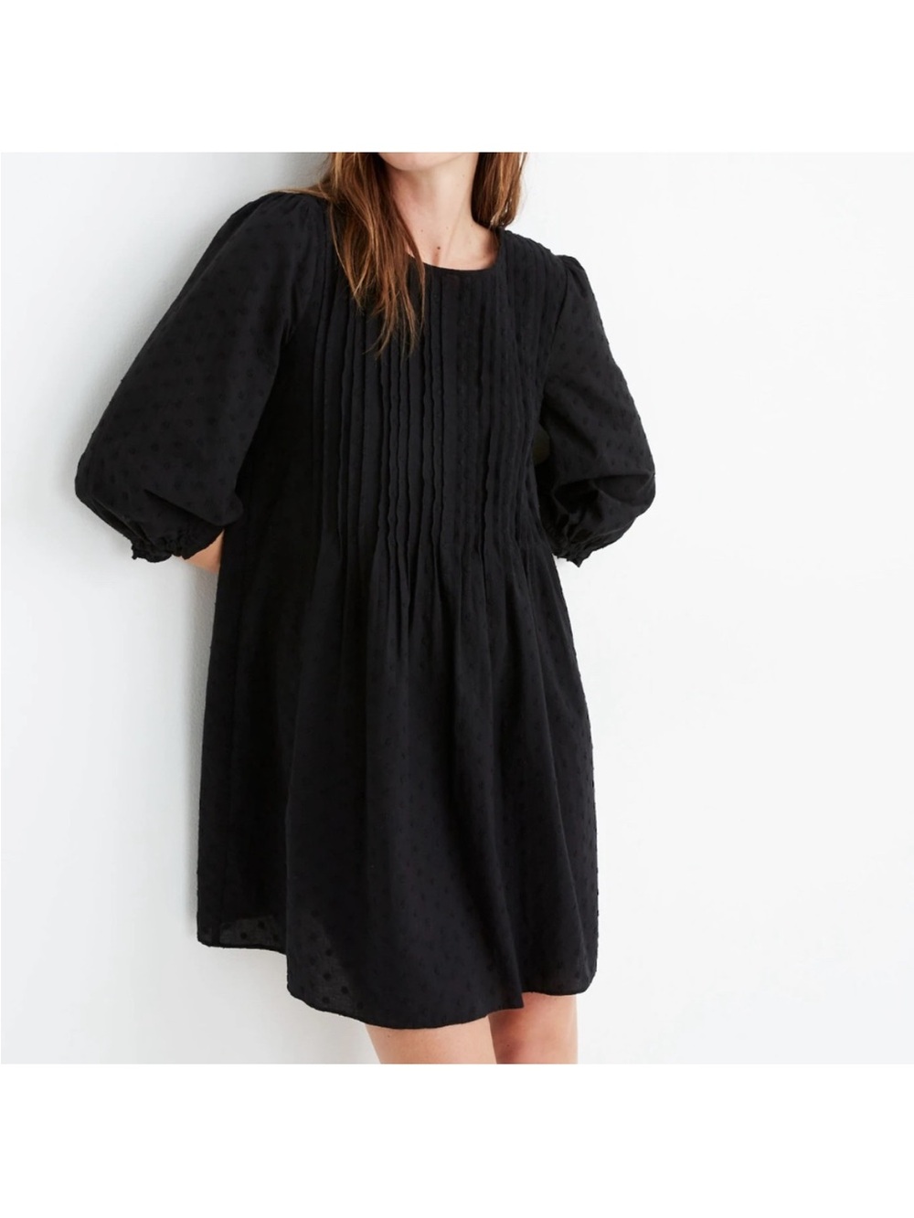 Madewell sz Small Black Swiss Dot Pintuck Babydoll Dress boho cotton flowy comfy